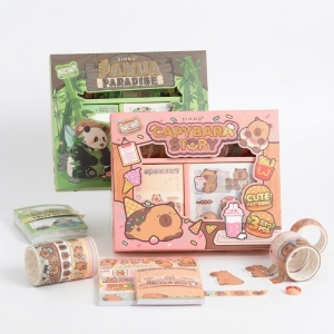 Set de washi tape, stickers y memo pad de capibara y panda
